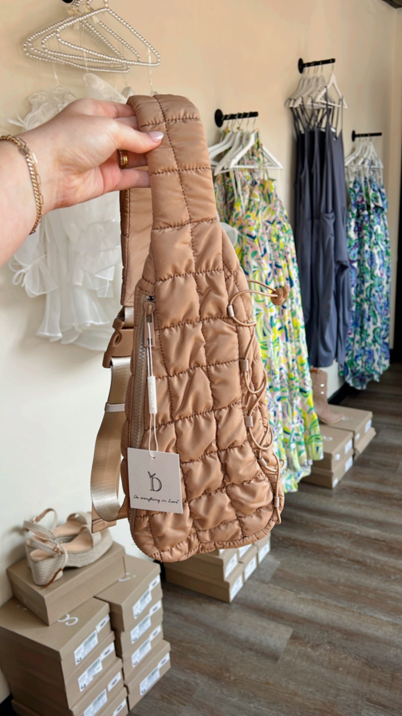 Tan Quilted Sling Bag