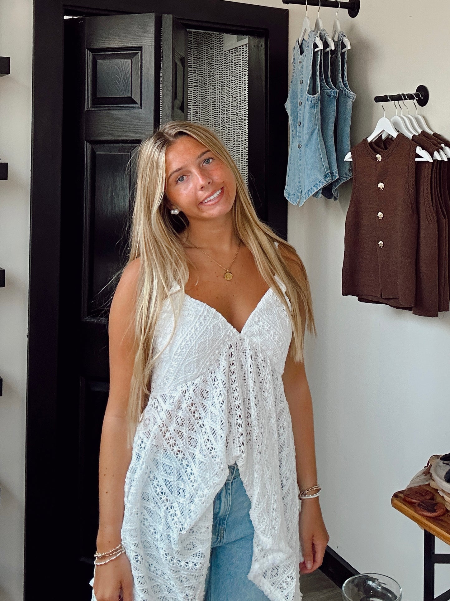 White Beaded Strap Crochet Tank