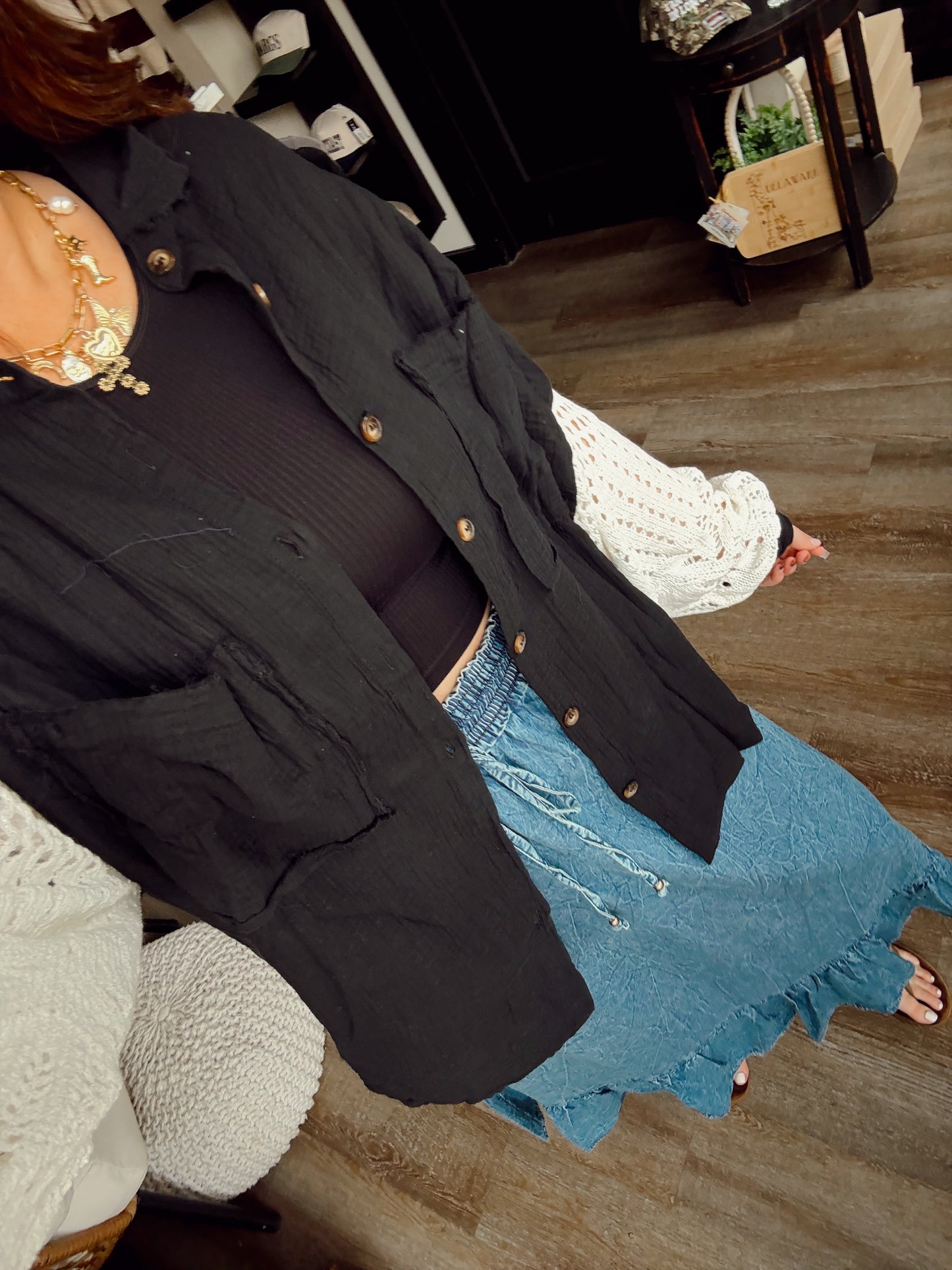 Black Crochet Button Down