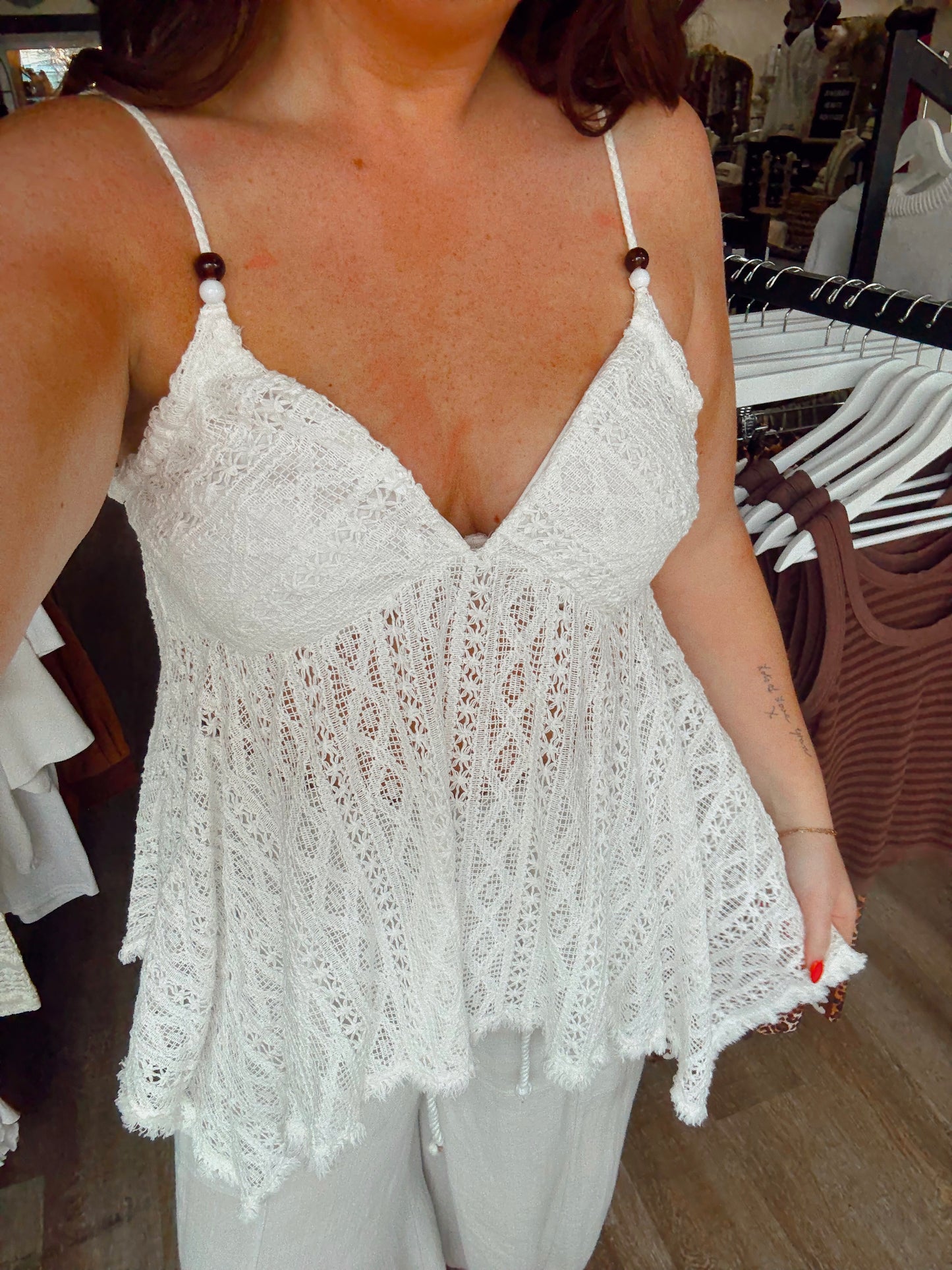 White Beaded Strap Crochet Tank