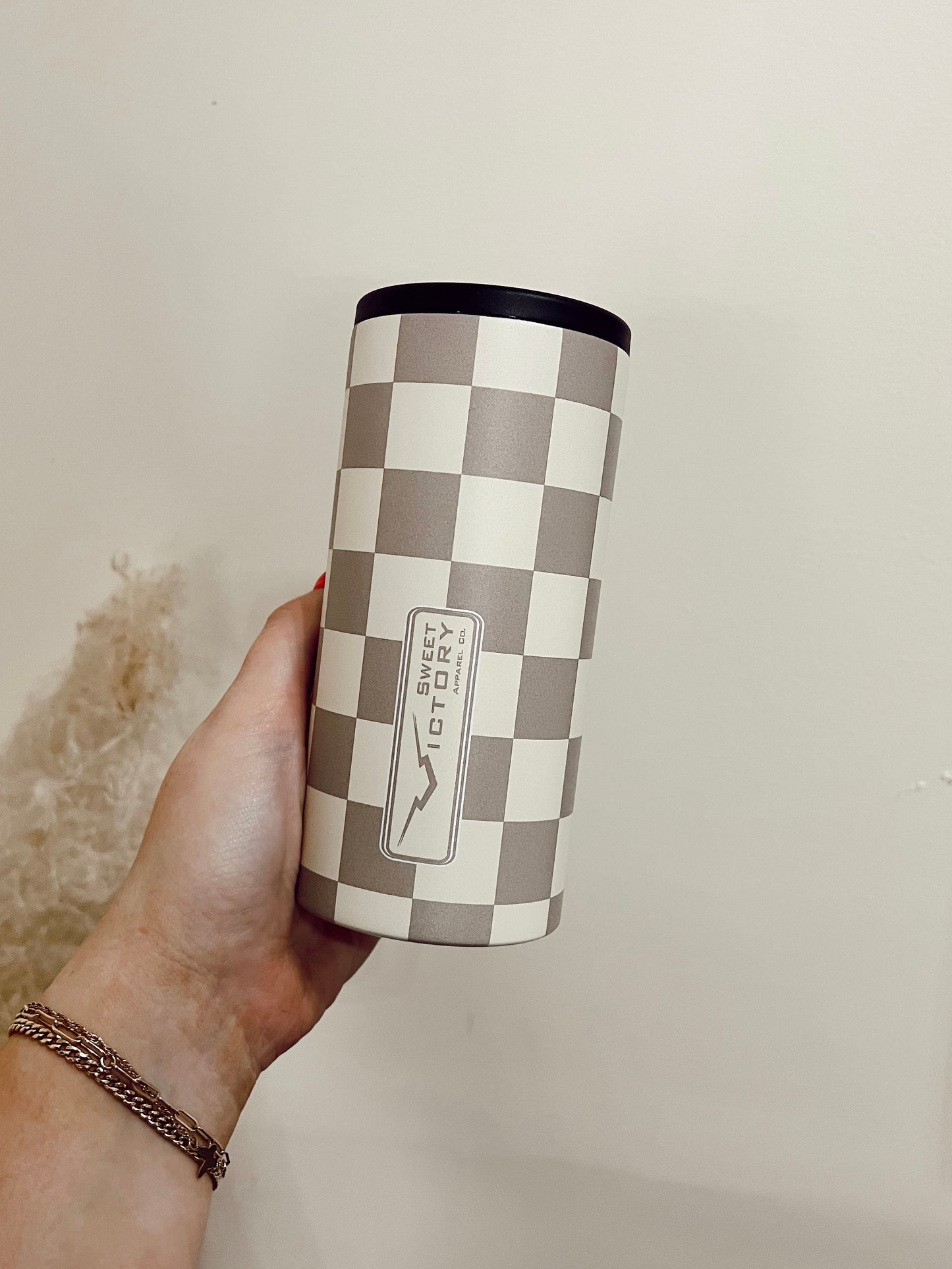 Taupe Checkered Can Koozie