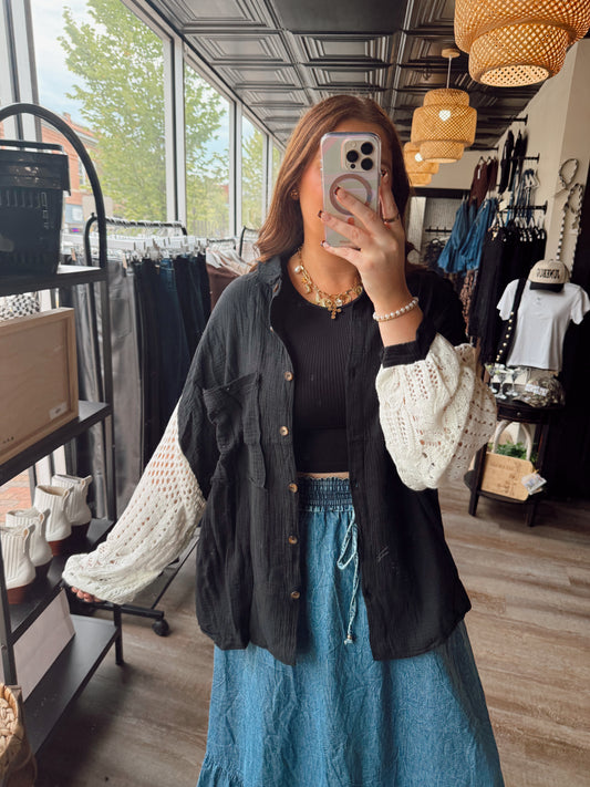 Black Crochet Button Down