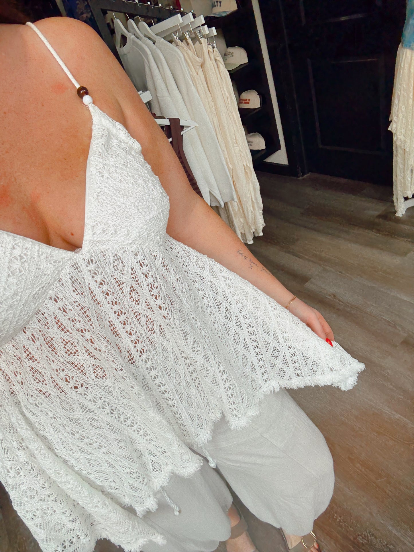 White Beaded Strap Crochet Tank