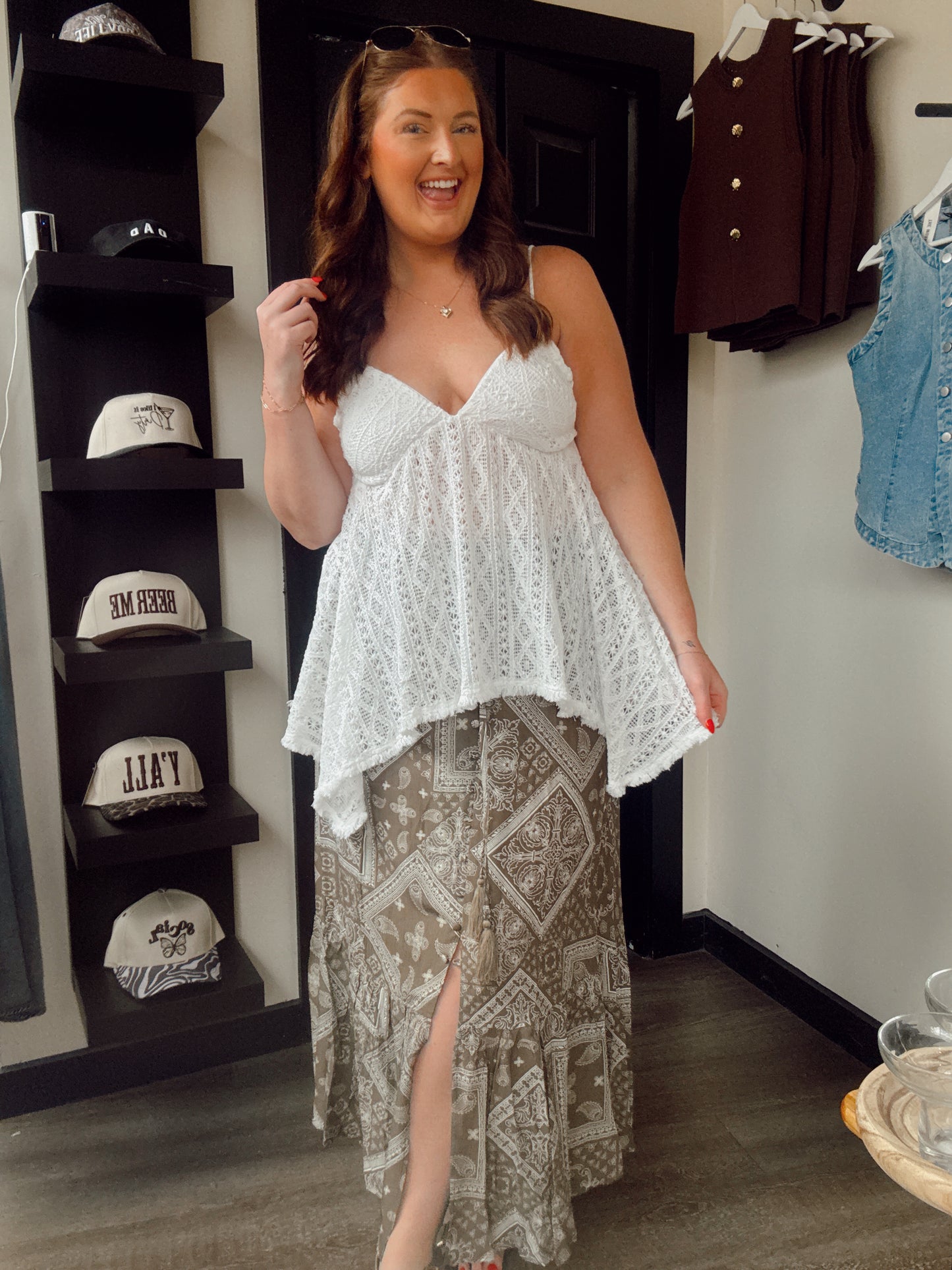 White Beaded Strap Crochet Tank